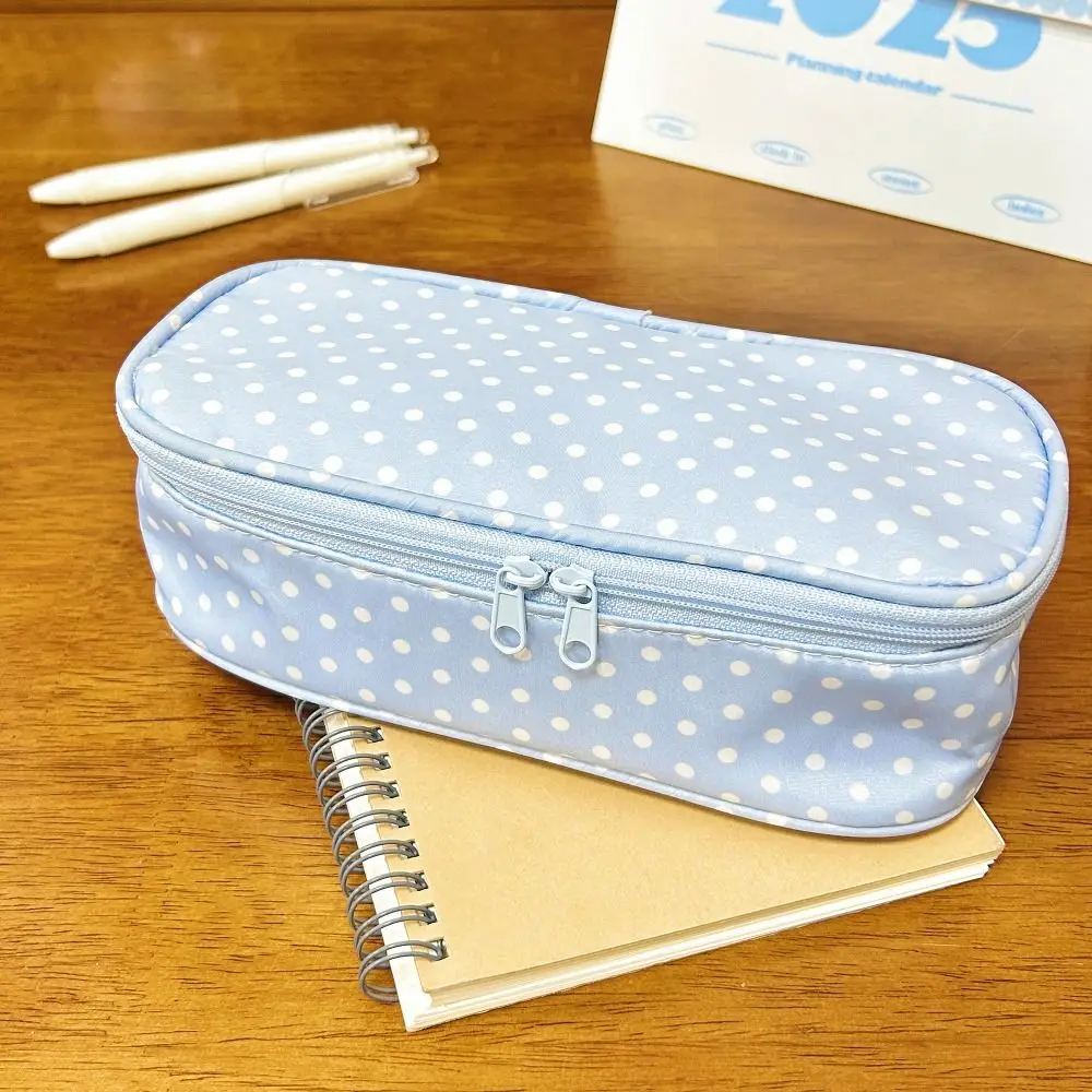 INS Blue Polka Dot Pencil Case Large Opening Design Large Capacity Pen Bag Stationery Storage Bag Gift