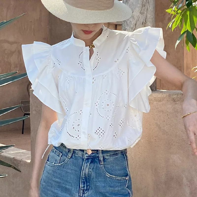 Frenchy Eyelet Butterfly Sleeve White Women Blouse 2024 Spring/Summer Vacation Hollow Out Top Women Clothing