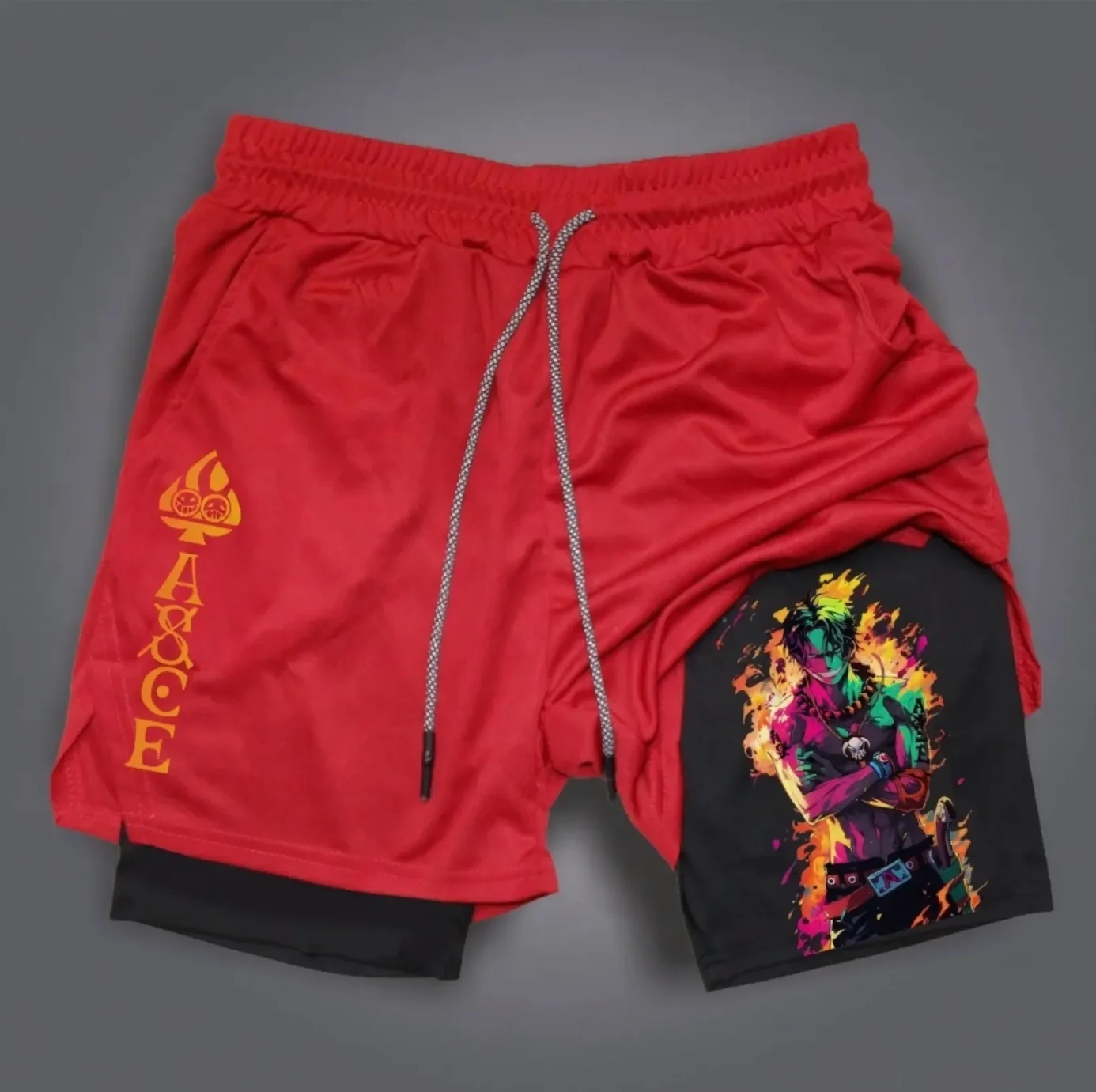 

2026 Japanese Anime One Piece Portgas D. Ace 2-in-1 Double Layer Performance Shorts Men Breathable Gym Training Workout Shorts