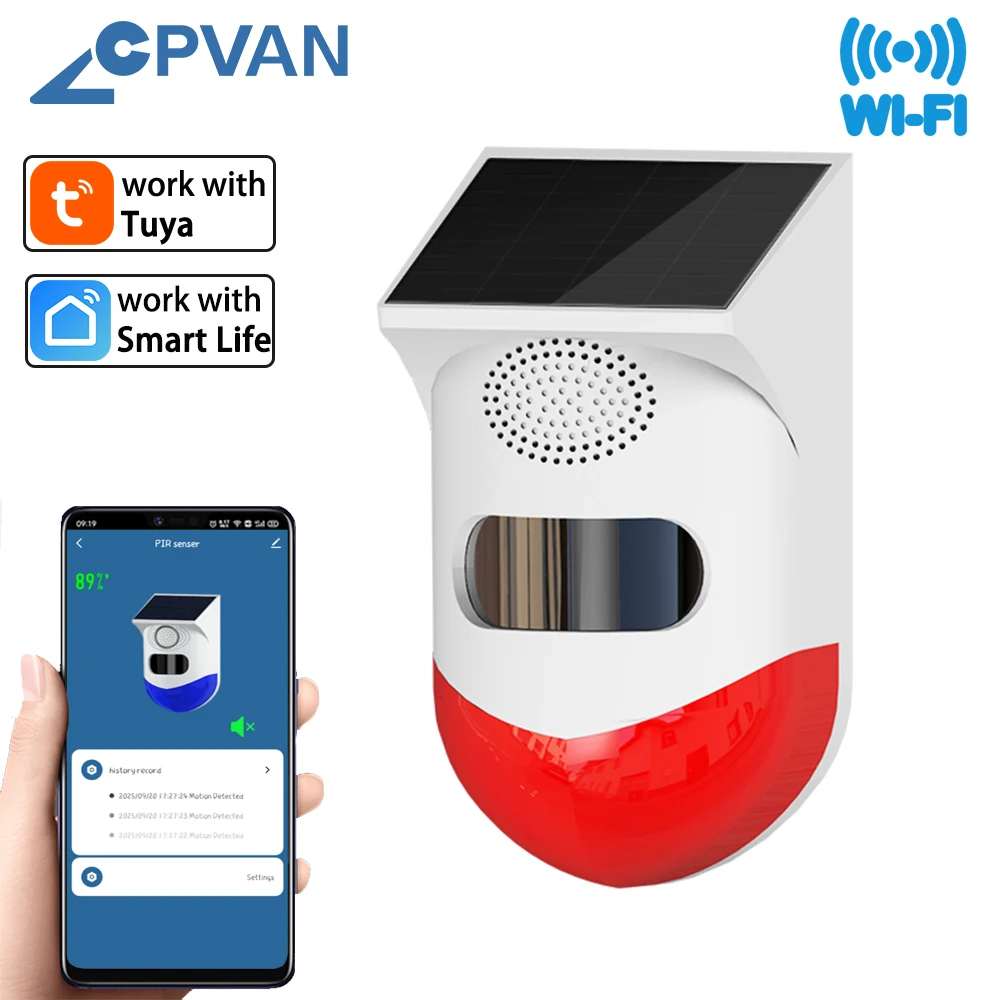 

Wi-Fi датчик движения Tuya Smart Life домашняя сигнализация для домашней безопасности детектор на солнечной энергии 120 дБ сигнализация уличная водонепроницаемая сирена