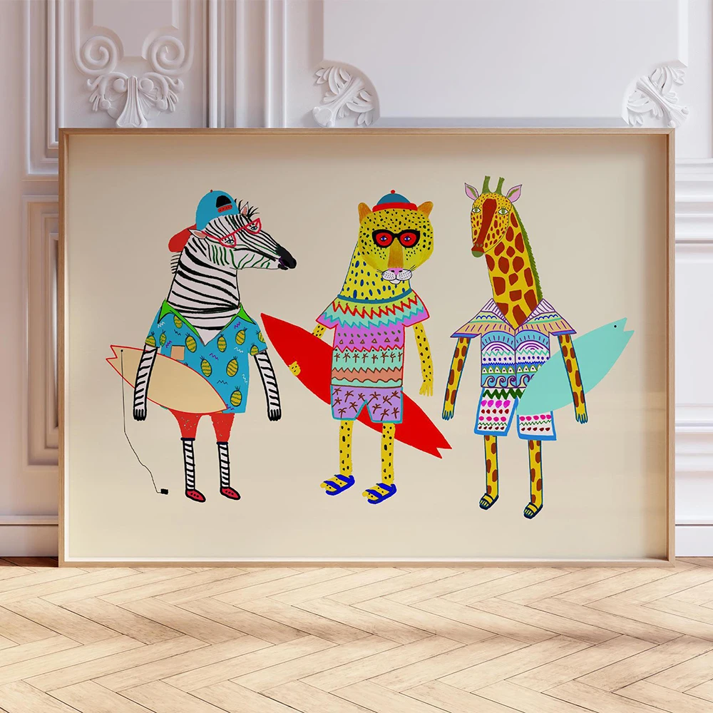 Surfer Dudes Art Print Kids Wall Decor Surfing Poster Beach Artwork Birthday Gift For Children Coastal Nursery Illustration