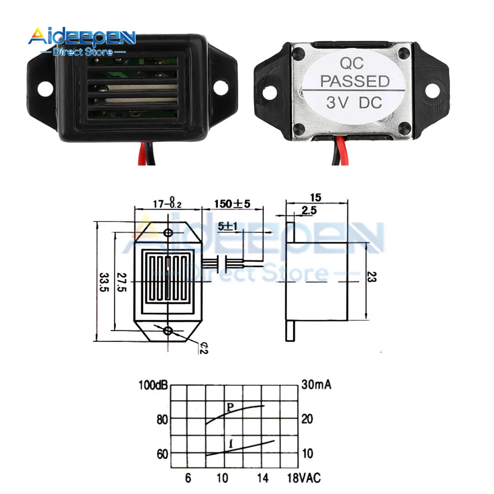 아두이노 자동차 밴용 하이데시벨 알람 전자 부저, 경고음 알람 벨소리, 연속 사운드, DC 3V, 6V, 9V, 12V, 85dB, 1 개