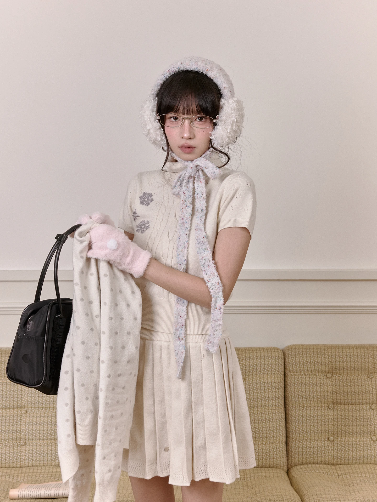 

Snowflake Knitted Sweater Cardigan Set Three Pieces Japanese Style Magazine Feel Versatile Loose Fit Long Sleeve High Collar