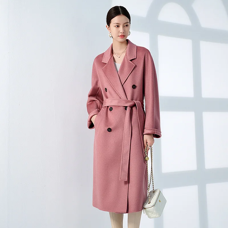 Pure Cashmere New Water Ripple Pattern 8 Coat Season Cowhide Button Long Garment