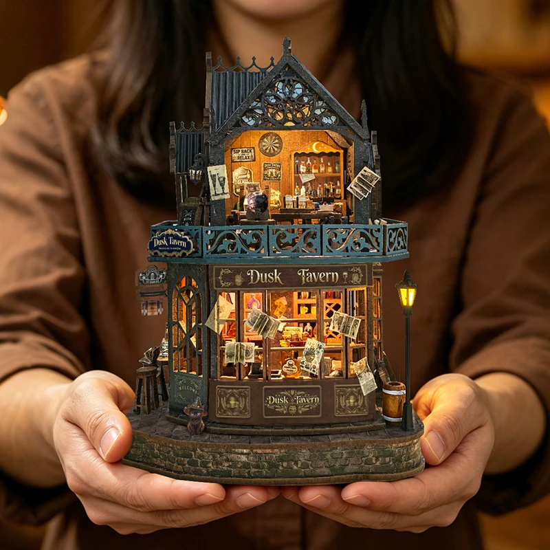 DIY Wooden Miniature Model Kits Twilight Tavern Cottage Casa 3D Puzzle Dollhouse With Furniture for Friends Birthday Gifts