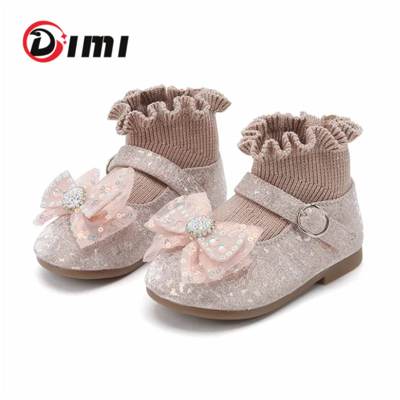 

DIMI Spring/Autumn Children Girls Shoes Soft Comfortable Ruffle Princess Shoes Fashion Bow Rhinestone Shiny Kids Shoes For Girl