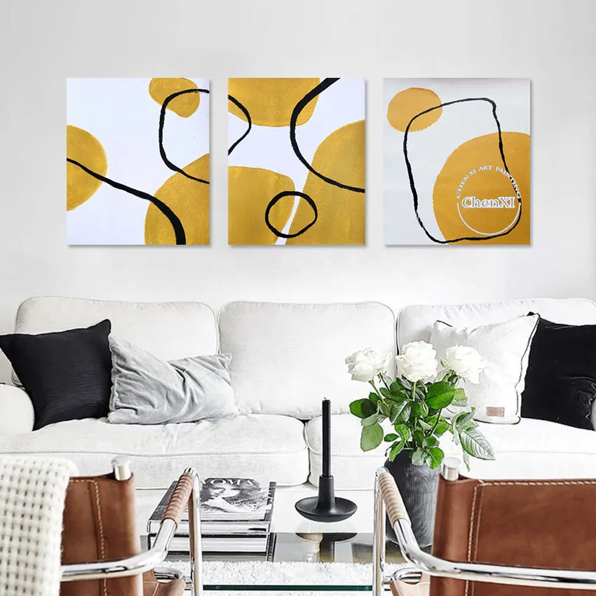 

100% Hand-painted 3PCS Group Artwork Yellow Art On Canvas Abstract 3 Pieces Oil Painting Large Wall Picture Large Wall Panels