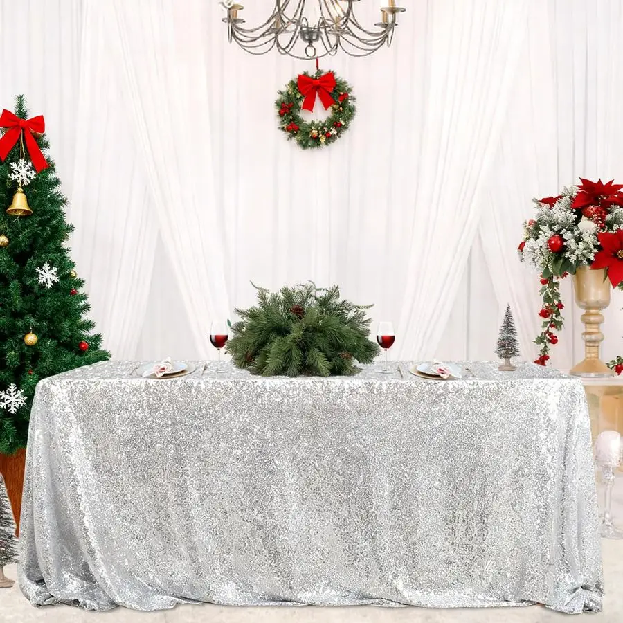 

Silver Sequin Tablecloth Party Decorations Christmas Rectangle Silver Table Fabric Overlays Halloween Centerpieces Indoor Outdoo