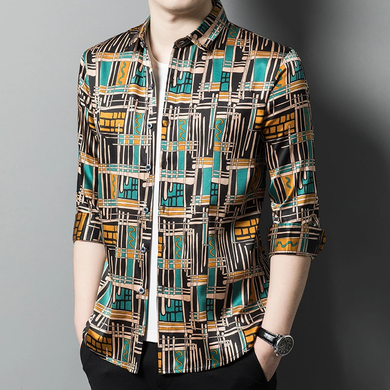 Extremely Luxurious Silk Shirts For Men Long Sleeve Print Casual Autumn Quality Soft Comfortable Lightweight Lapel Chemise Homme