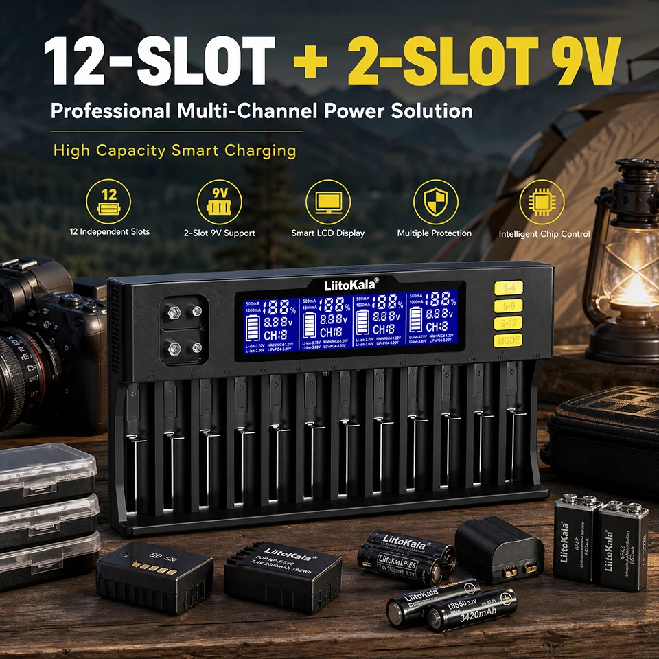 LiitoKala Lii-S12 Smart Charger 12 Slot LCD Auto Polarity 18650 21700 26650 32650 Li-ion LiFePO4 NiMH AA AAA 9V 12V 4A Adapter
