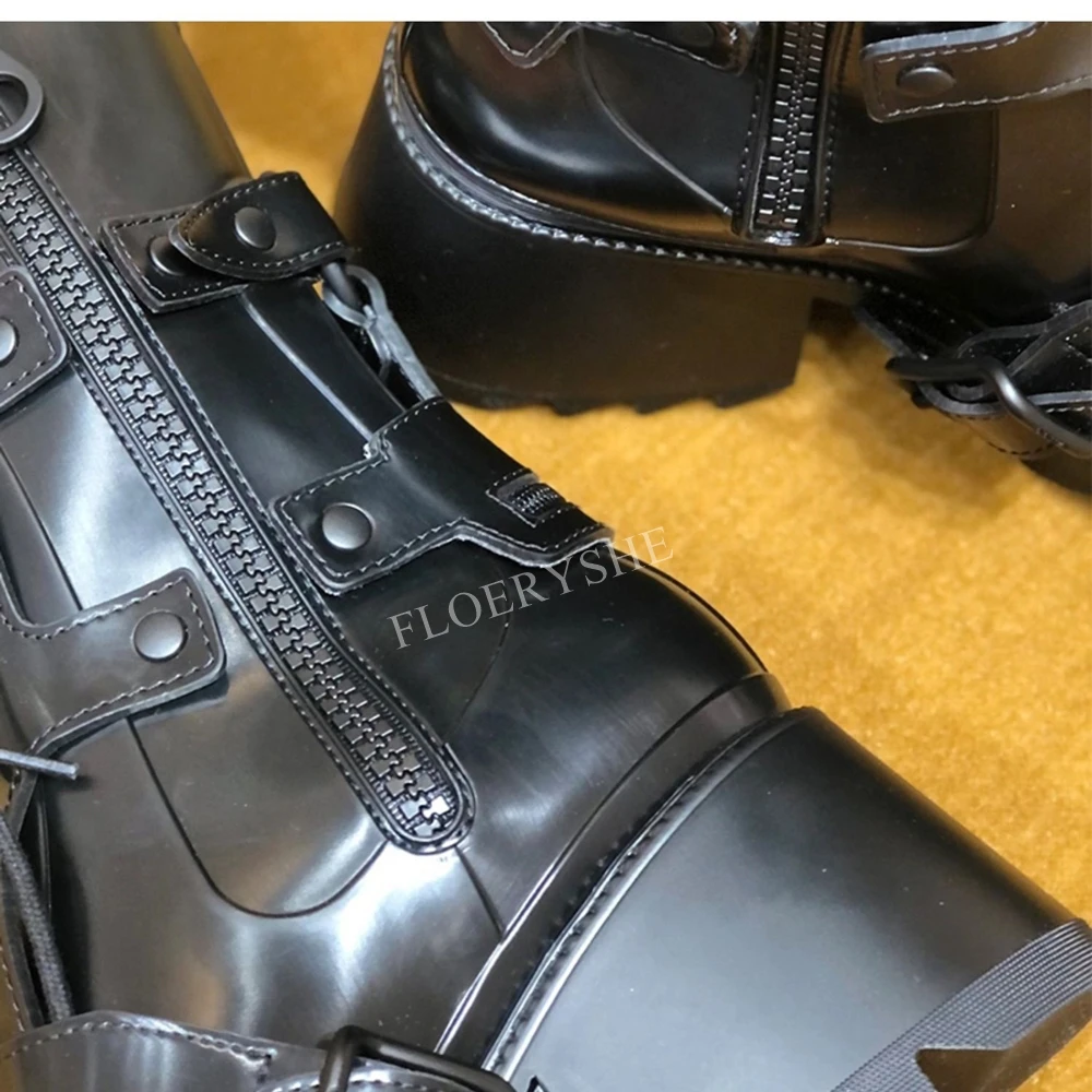 Schwarze Punk Damen Stiefeletten mattes Leder Nachrichten solide quadratische Zehen Seite Reiß verschluss klobige High Heel Party Mode coole Schuhe