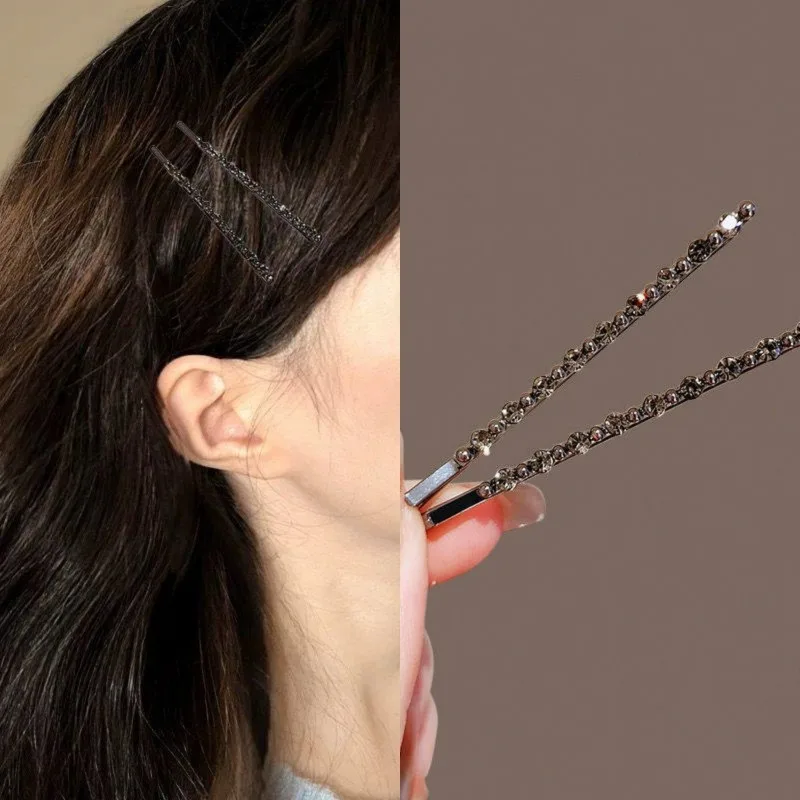 2Pcs Hairpin Female Black One-word Clips High-end Sense Rhinestones Side Clips Headgear Temperament Broken Bangs Pair Hair Clips