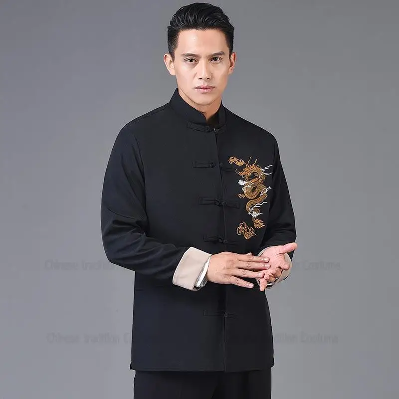 Chinese Style Hanfu Tang Clothes Men Balck Jackets Cotton Embroider Dragon Kong Fu Costume Traditional China Clothing Plus Size