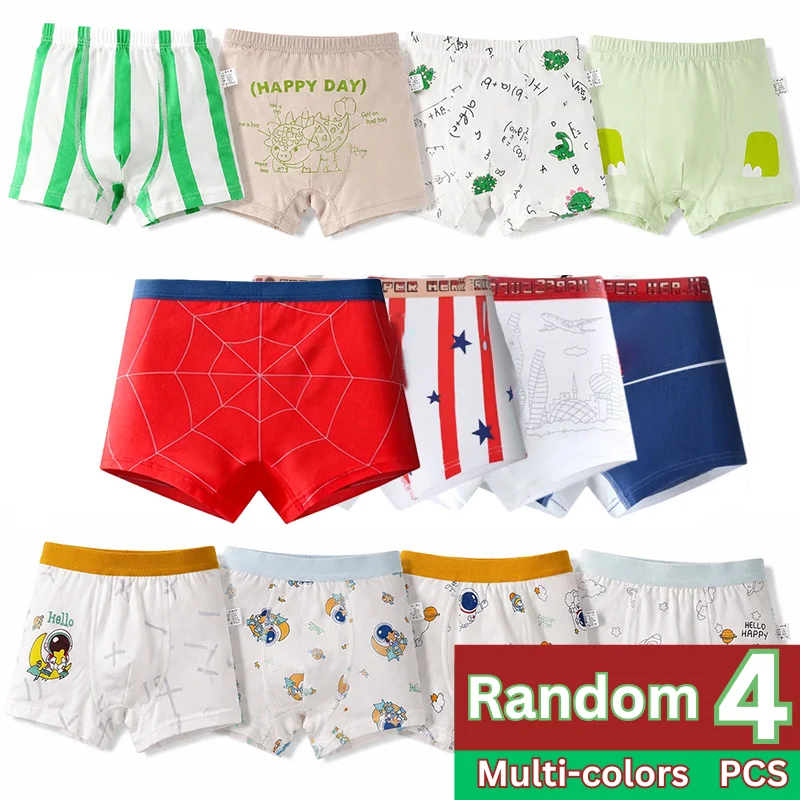 4-Piece Children Cotton Underwear Cartoon Chivalrous Spider Random Print Boys Boxer Briefs Skin-friendly Breathable Boxer Shorts