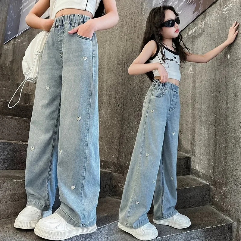 

Bellbell 3-14Y Kids Girls Jeans Love Printed Young Teenagers Girls Denim Pants Wide Leg Pants for Junior Girls Spring Girl Pants
