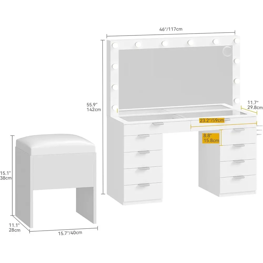 Beleuchteter Schminktisch mit Spiegel, Steckdosen, Hocker, LED-Glühbirnen, verstellbare Beleuchtung, Schubladen, Haartrocknerhalter &