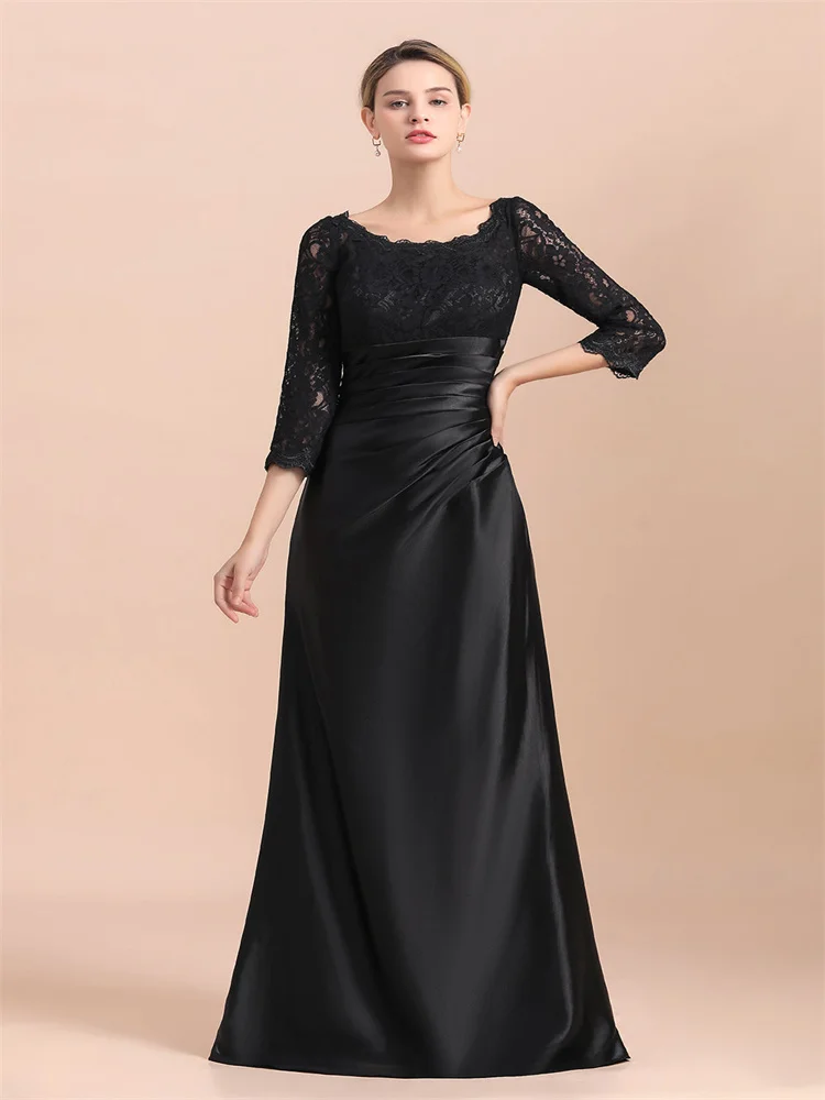 Elegant Jewelry 3/4 Sleeve Black Satin Lace Ruffle Mother of the Bride Gown on Sale Luxury Wedding Guest Evening Gown 2024