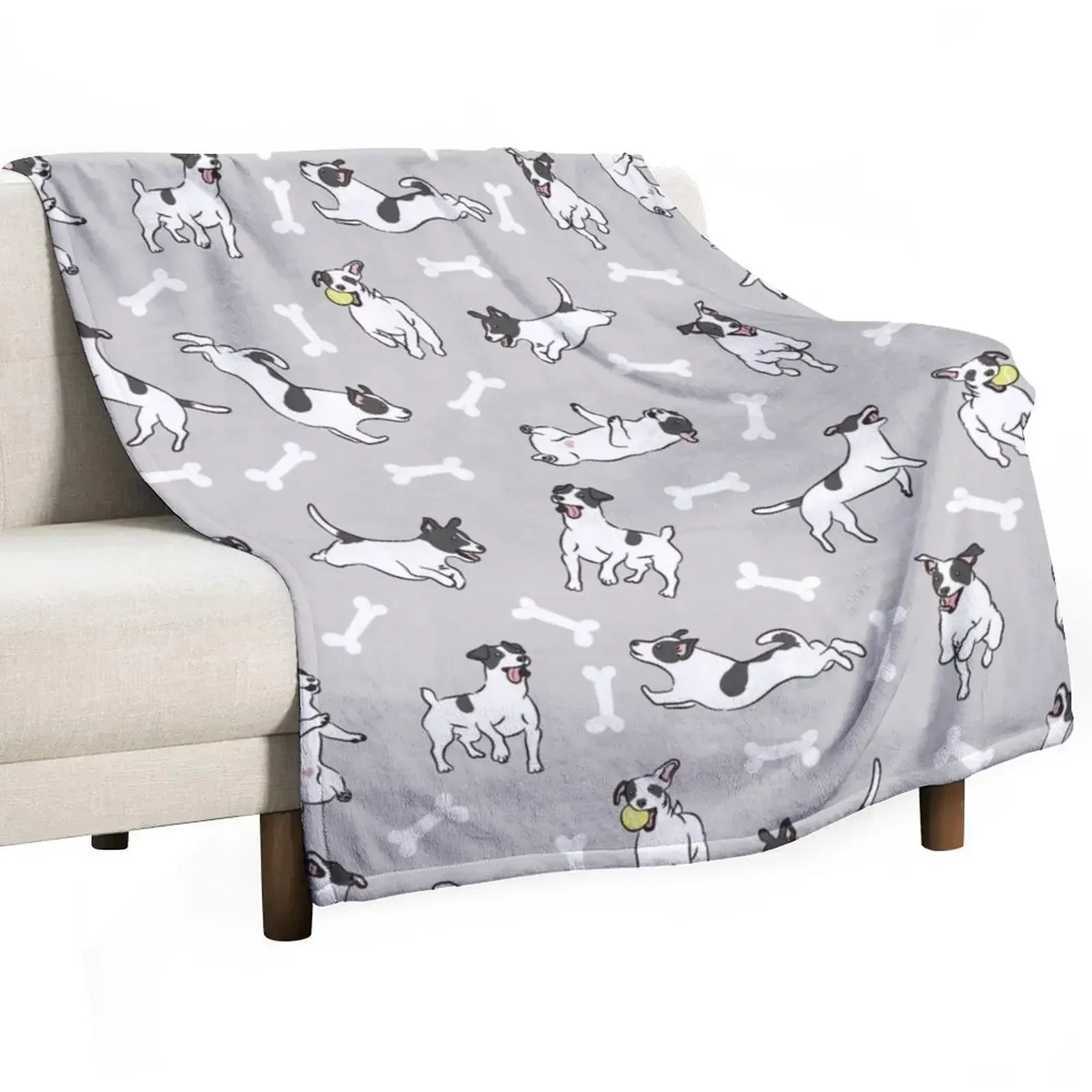 

Playing Black and White Jack Russell Terrier - Gray Background Throw Blanket for sofa Flannel Blankets