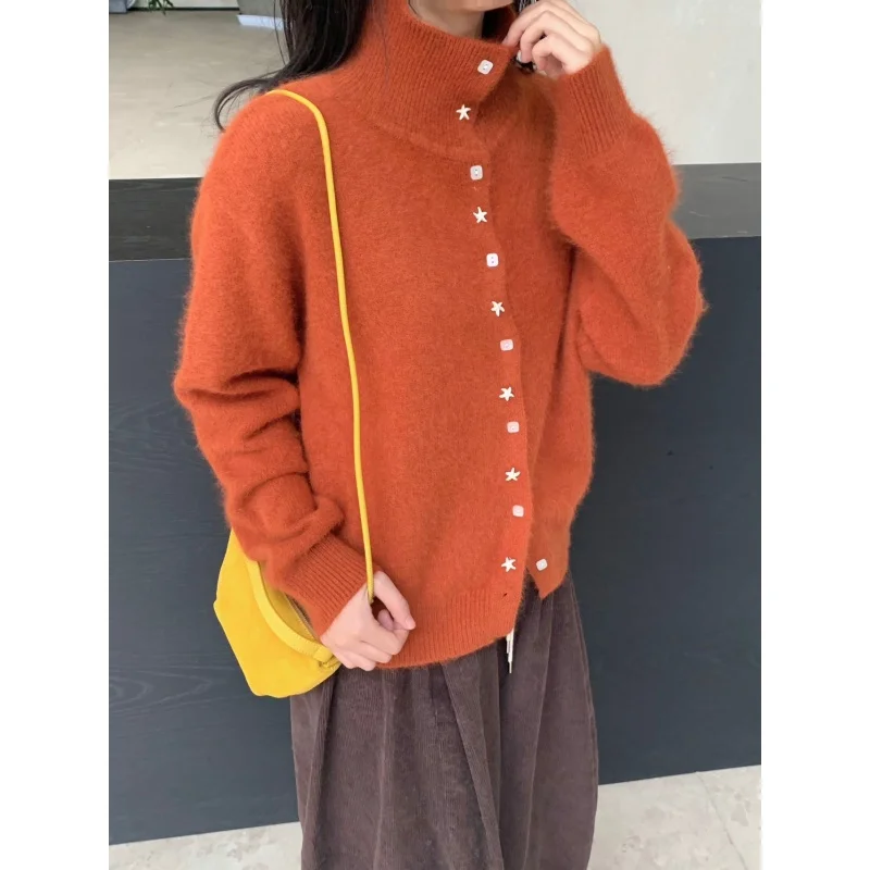 Non-Balloning Knitted Sweater Cardigan Women's Top Dongguan Daliang High-End Spring 2025 New Arrival Long Sve Stand Collar