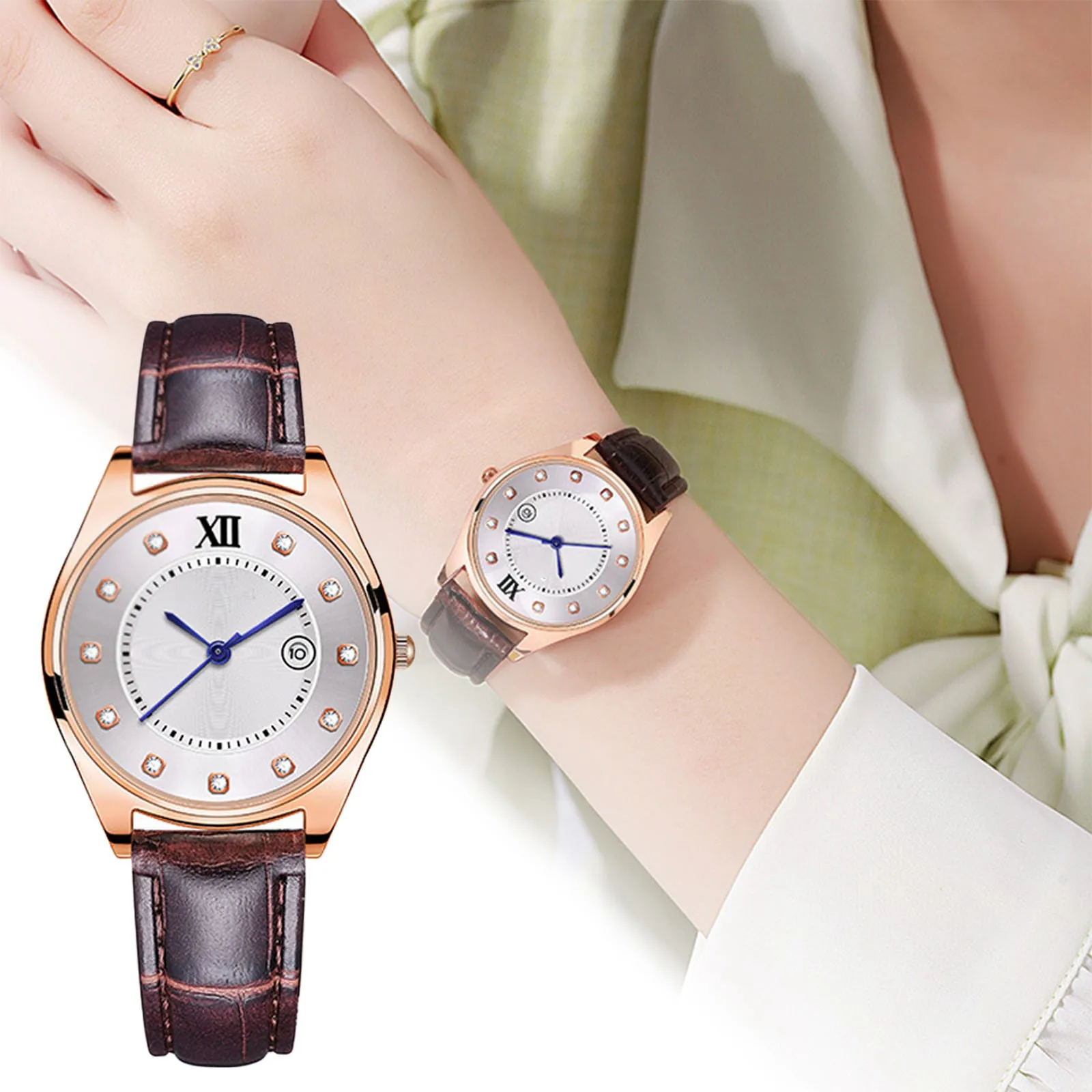 Ladies' Fashionable Watch With Faux Leather Strap Elegant Ladies' Precise Second Hand Timing Diamond Inlaid Calendar Belt