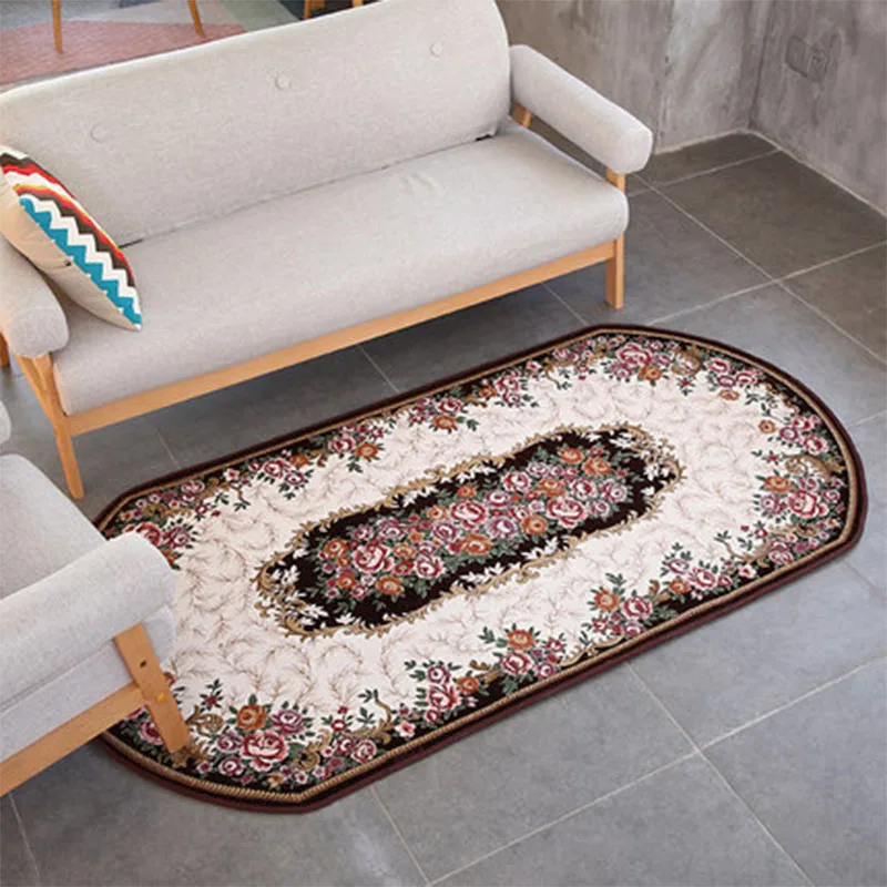 European Oval Carpet Jacquard Bedside Area Rug For Living Room Brown Rose Rug Home Decor Coffee Dining Table Oval Rug Non-Slip