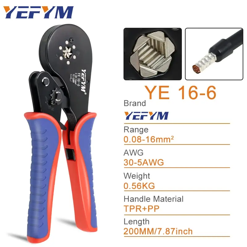 Ferrule Terminal Connectors Hexagon Crimping Pliers YE 16-6 0.08-16mm2/30-5AWG Large Range Size Ratchet Electrical Tools YEFYM