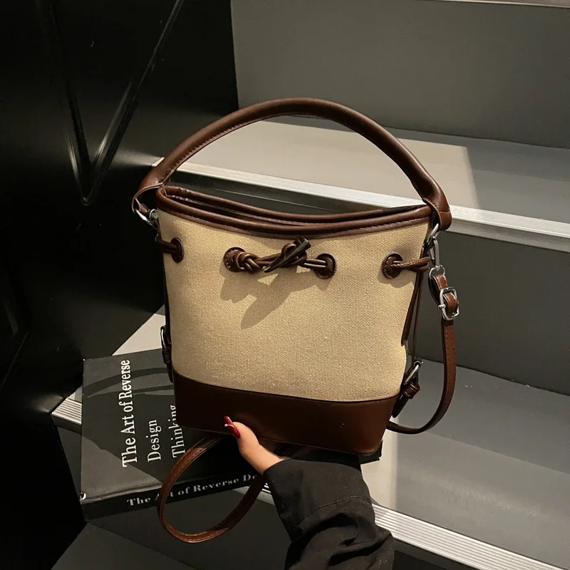 

2025 Unique Canvas Patchwork Bucket Bag for Women Colorblock Shoulder Tote Fashion Crossbody Purse Stylish Commuter Handbag