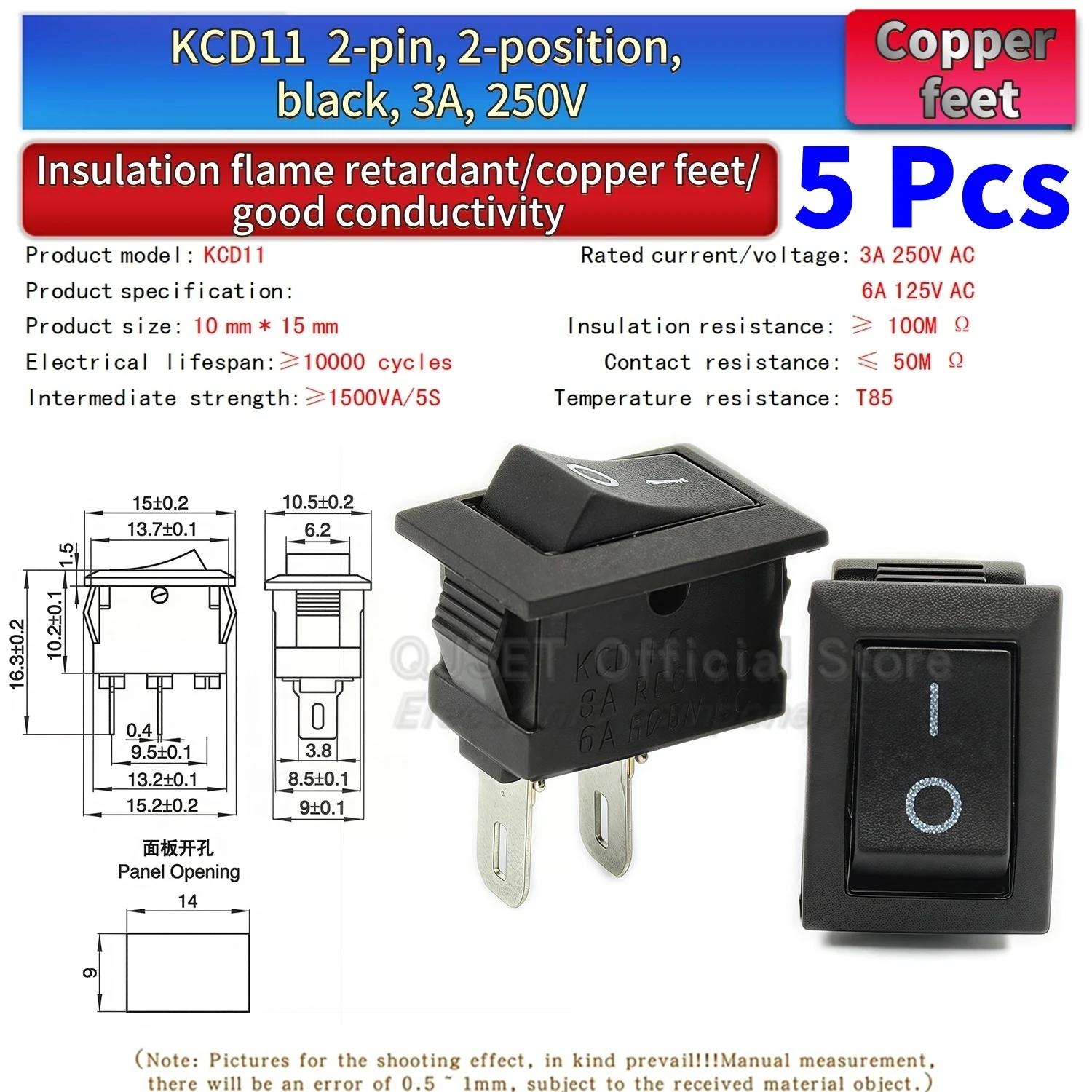 5 Stück KCD11 Wippschalter 10*15mm Mini-Druckknopfschalter Rot Schwarz EIN/AUS 2-polig/3-polig 2-Positionen 3A 250VAC/6A 125VAC 10x15mm – Detail 6