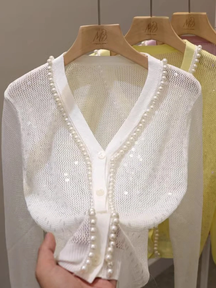 

Women's Sunscreen Cardigan 2025 Spring Summer Luxury Pearl Sequins Stitching V-Neck Long Sleeve Top Fashion Elegant Hollow Tops