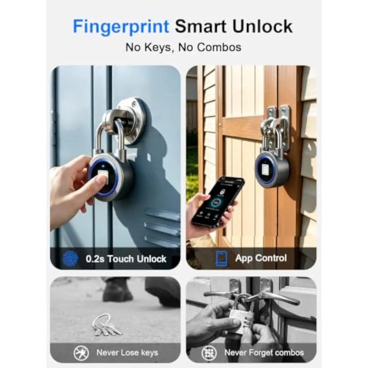 Fingerprint Lock Biometric Gym Lock for Locker, Bluetooth Smart Padlock, Rechargeable Waterproof Lock for Gym Locker, School Loc