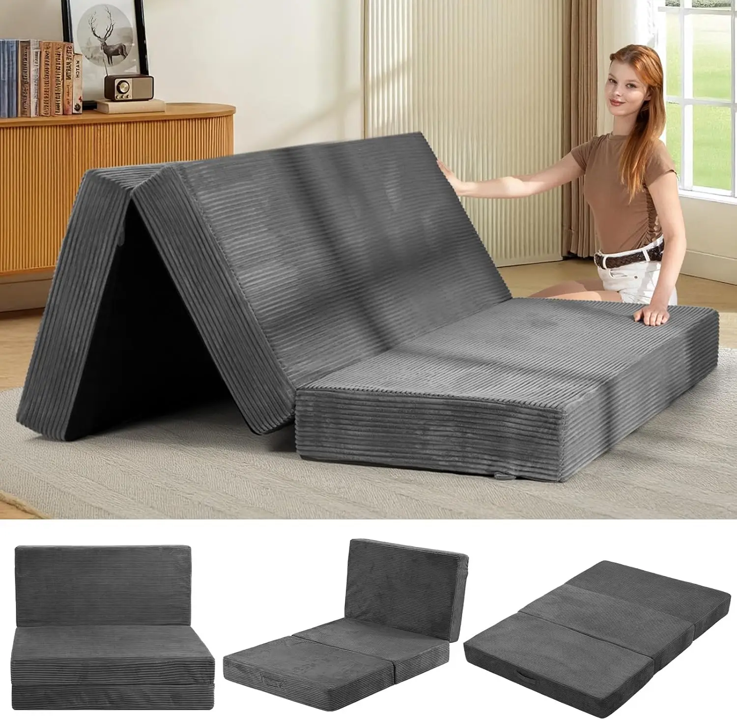 Queen Size 6-Inch Tri-Folding Mattress, Foldable Futon Sofa Bed with Washable Removable Cover, Non-Slip Base and Carry Handles, Folding Futon Mattress for Guests, Camping, and Dorms