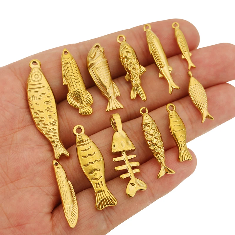 5pcs Stainless Steel Gold Plated Vintage Fish Charm for Jewelry Making DIY Necklace Bracelet Stripe  Fishbone Pendant Accessorie image 6