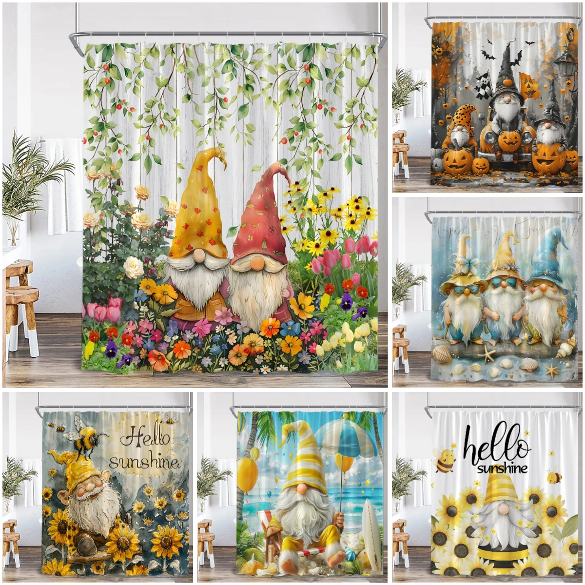 

Elf Shower Curtain Sunflowers Summer Vacation Spring Floral Bath Decor Halloween Elf Bath Curtain Cloth Holiday Bathtub Curtain