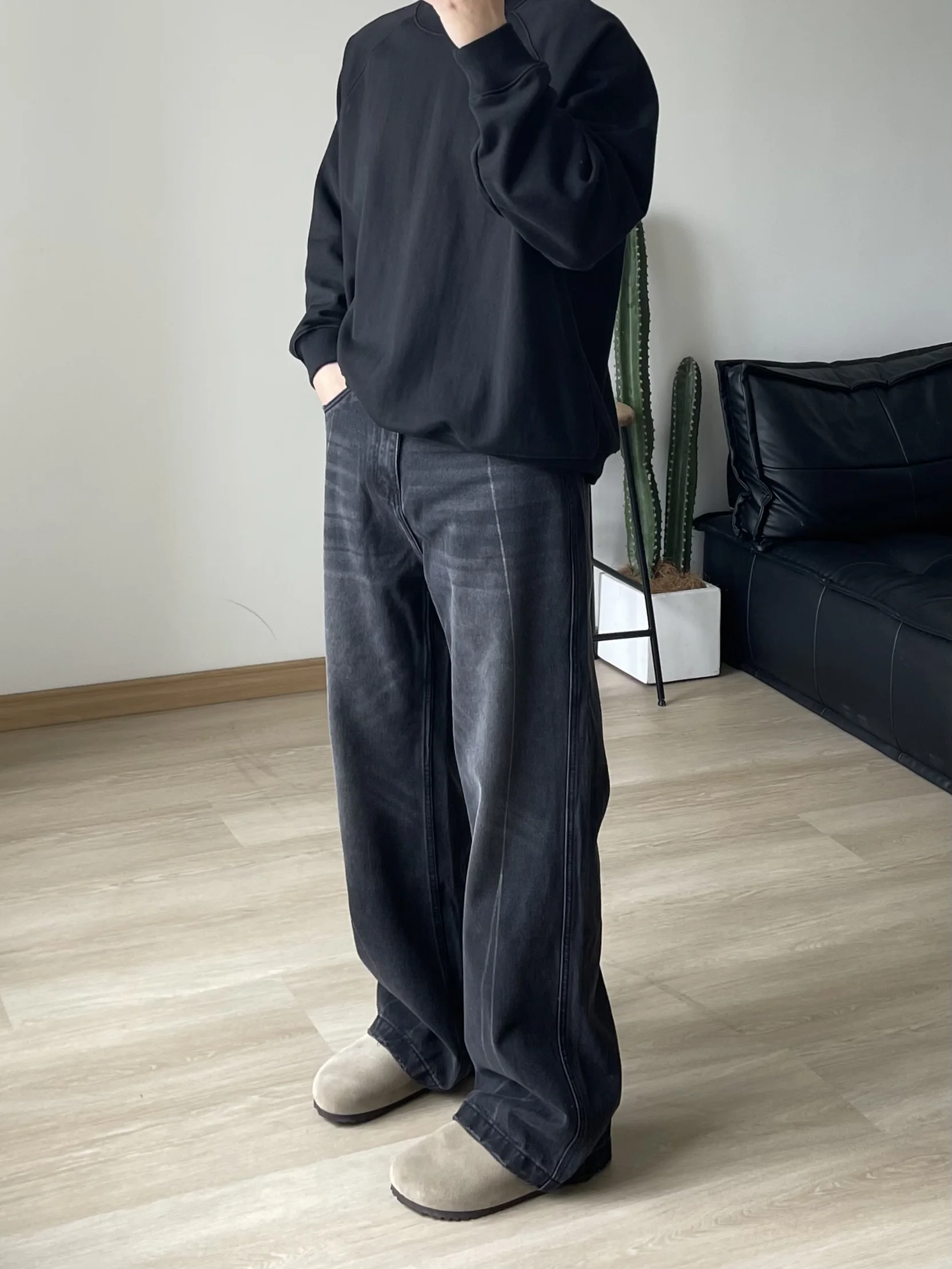 

Retro American Cleanfit Men's Casual Wide Leg Jeans Vintage Waed Straight Tube Pants Youth Trend Cotton Polyester Blend