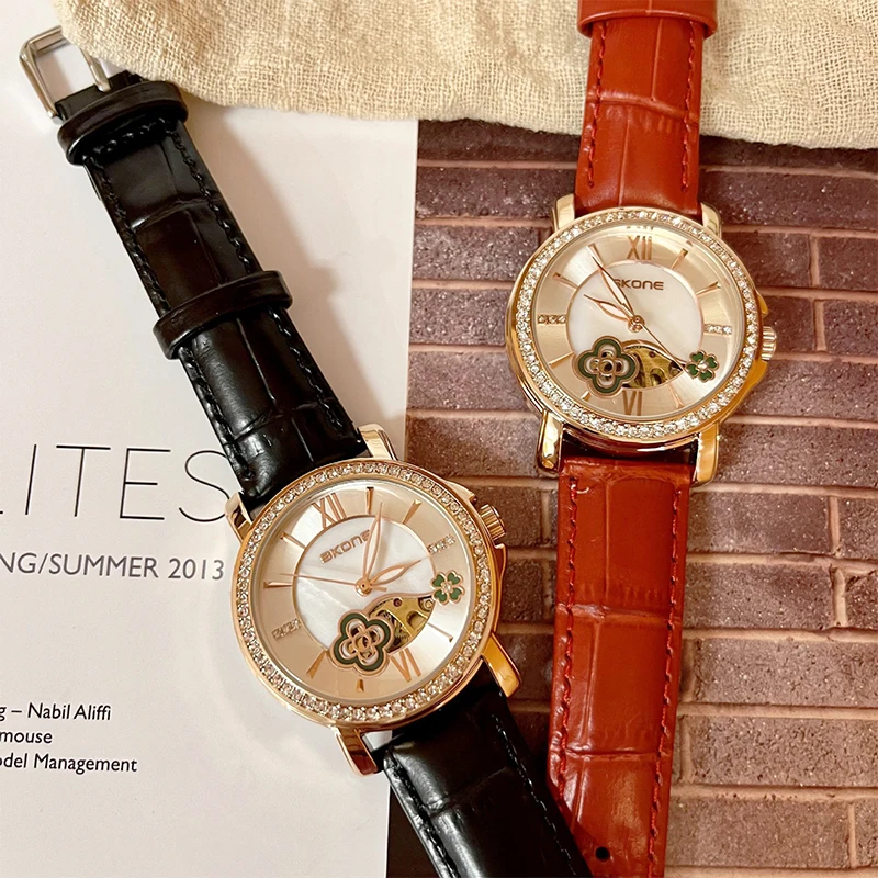 SKONE New Women's Fashion Four Leaf Hollow Fully Automatic Mechanical Watch Belt Waterproof Women's Watch