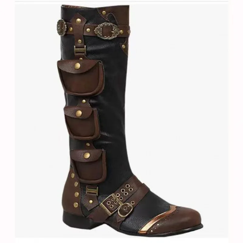 Steampunk Schwarze Leder-Kniehohe Stiefel Vintage Mittelalterliche Taschen Cosplay Piraten-Schuhe Herren Blockabsatz Schnalle Festival-Schuhe – Detail 5
