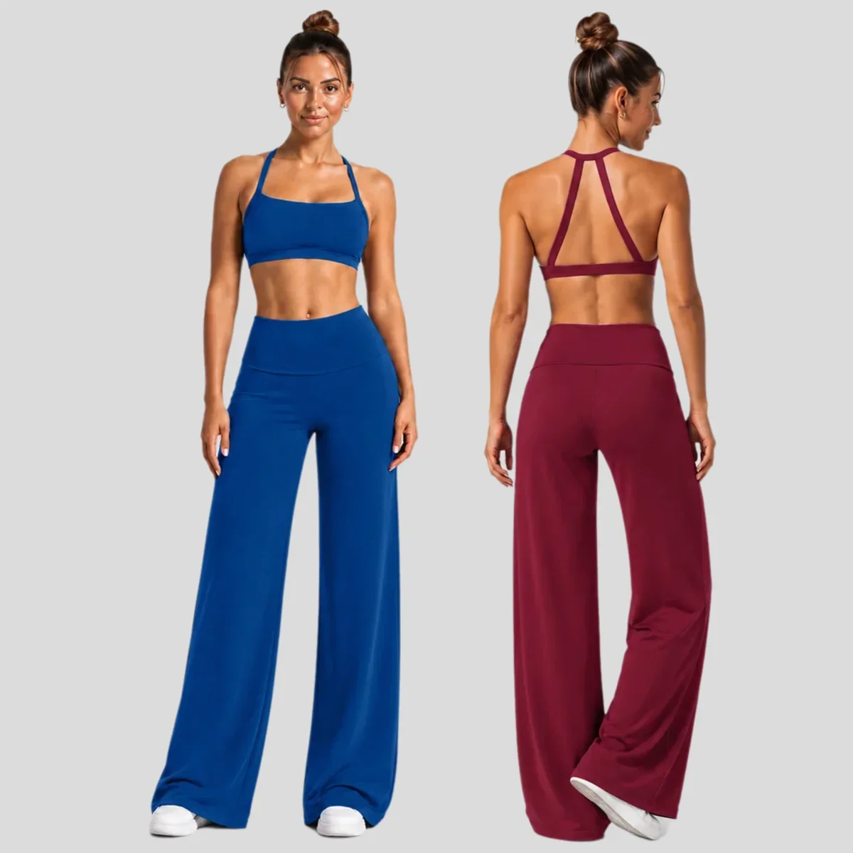 New  Womens Yoga 2-Piece Set Halter Neck Backless Sports Bra and Fold Over Waist Wide Leg Pants Running Workout Outfits Set