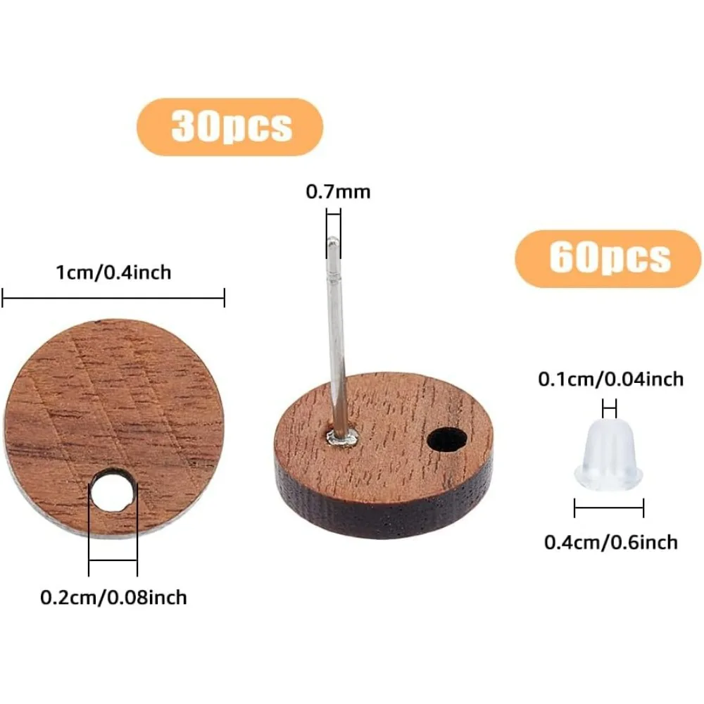 30Pcs Walnut Wood Earring Studs with 304 Stainless Steel Pin and 60Pcs Plastic Ear Nuts Flat Round Earring Posts making kit
