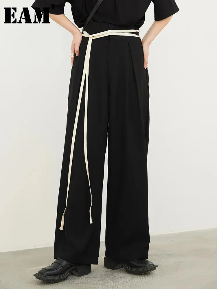 [EAM] High Waist Black Bandage Color-block Long Wide Leg Pants New Loose Fit Trousers Women Fashion Spring Autumn 2024 1DF3665