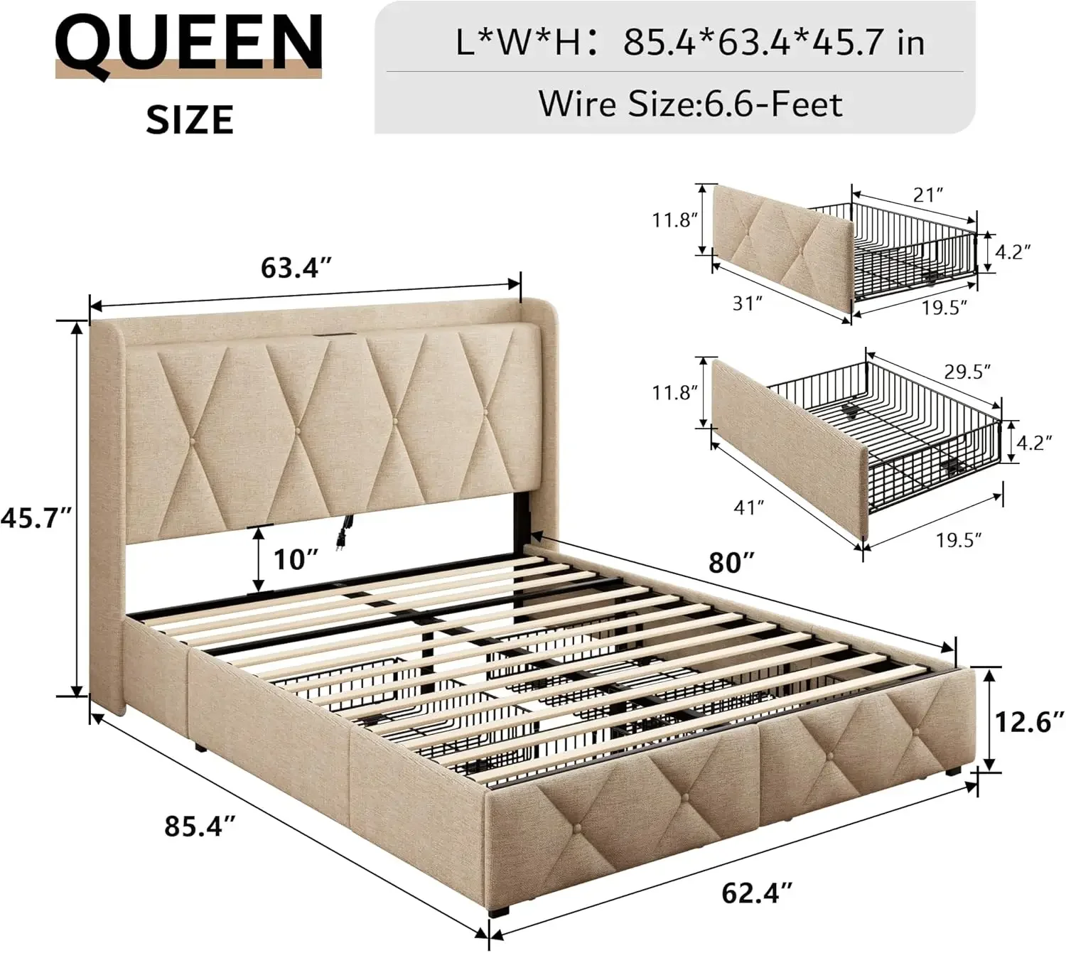 Queen Bed Frame with 4 Storage Drawers, Upholstered Platform Bed Frame with Charging Station, Modern Wingback Storage Headboard