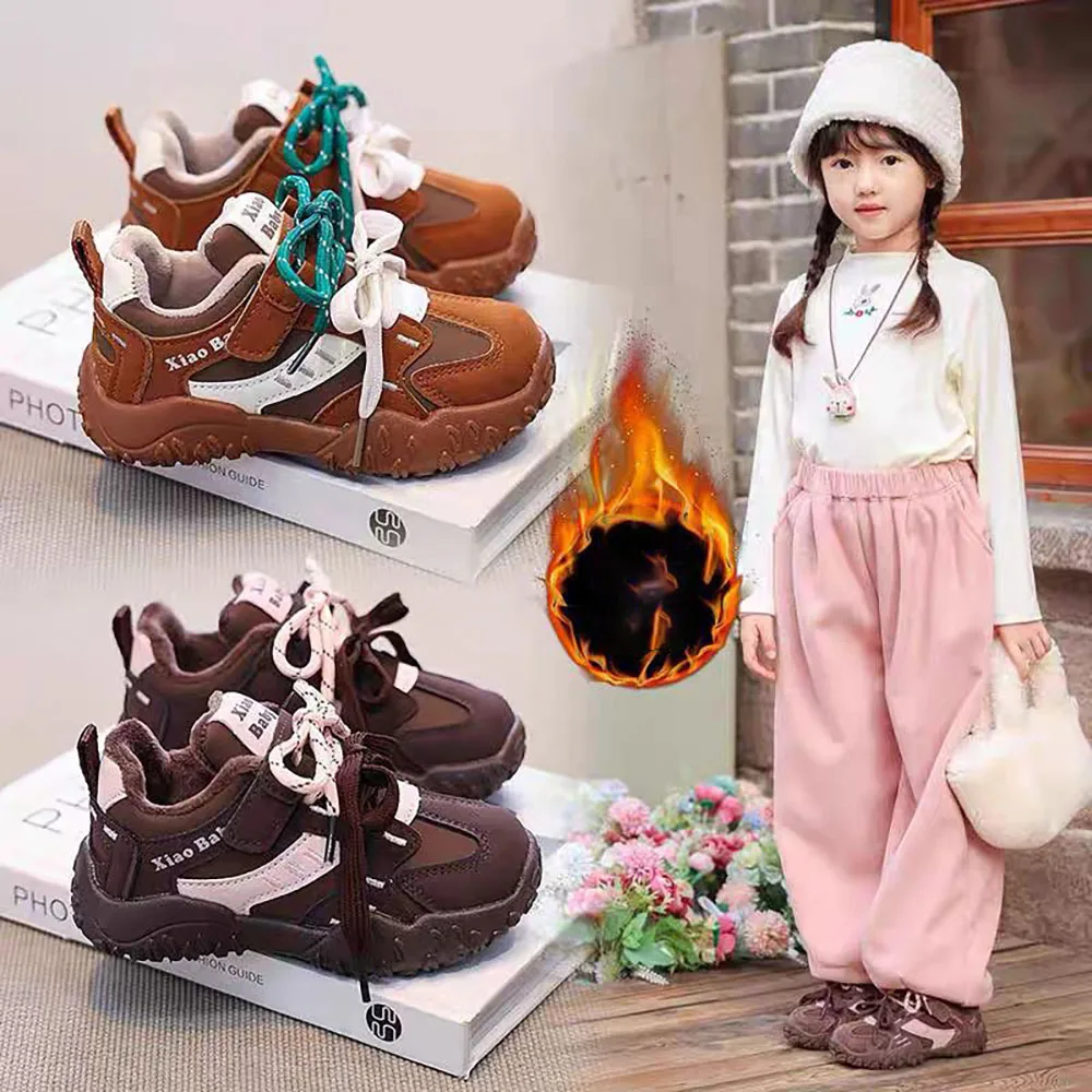 Winter Sport Shoes For Children PU Leather Waterproof Teenager Kid's Sneakers Trend Fashion Thick Warm Cotton Tennis For Girls