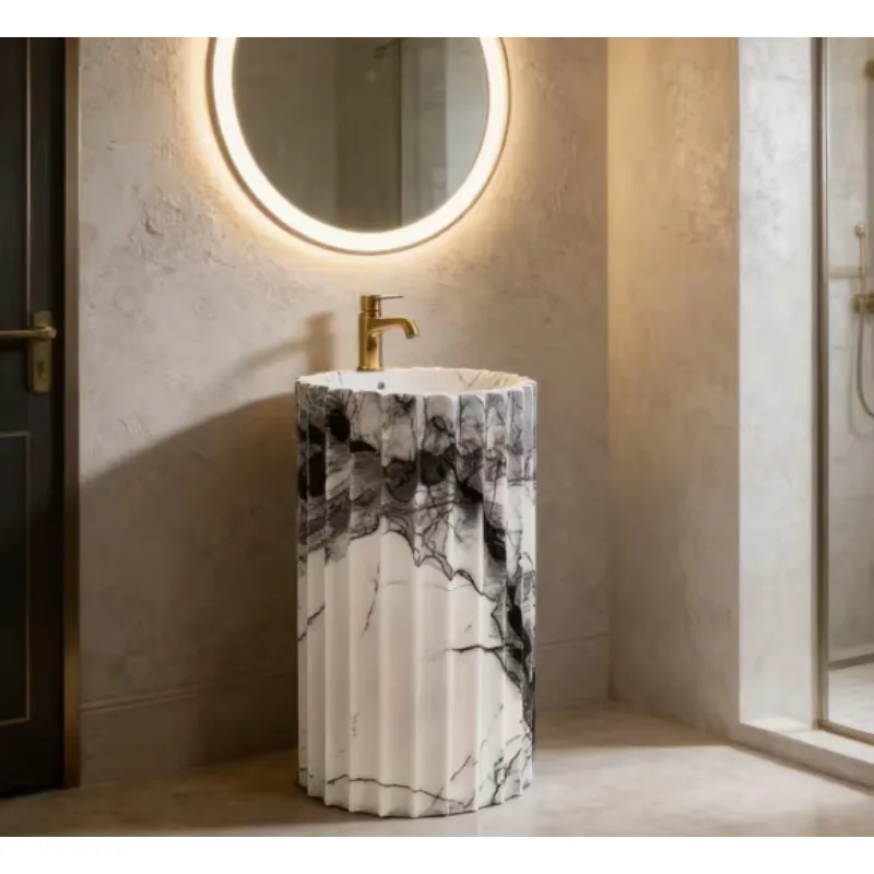 Modern white marble sink with separate washbasin and drain for hotel bathrooms