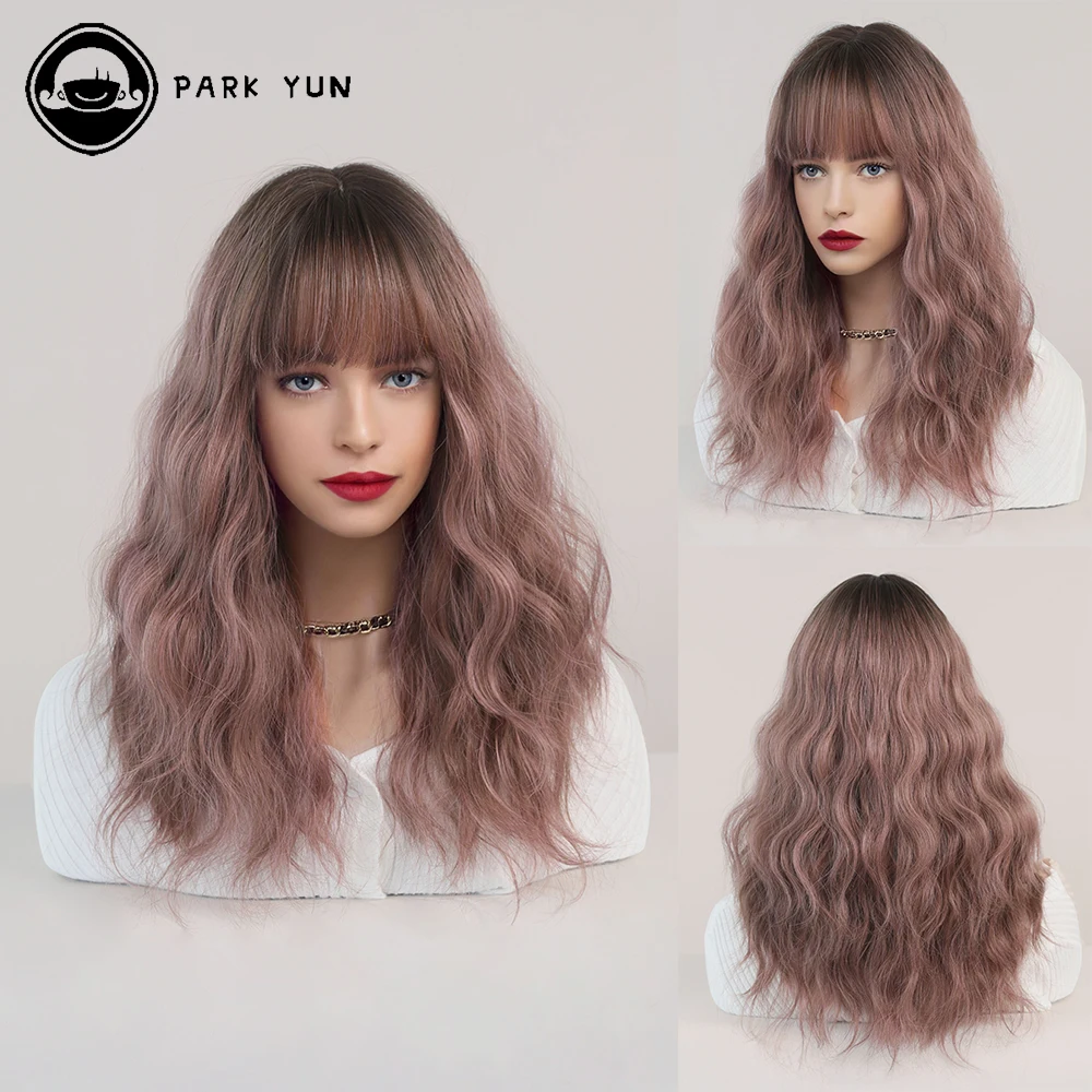 Pink Ombre Brown Wig Women Wigs with Bangs Long Wavy Hair Heat Resistant Synthetic Wig Cosplay Lolita Daily Party Wear