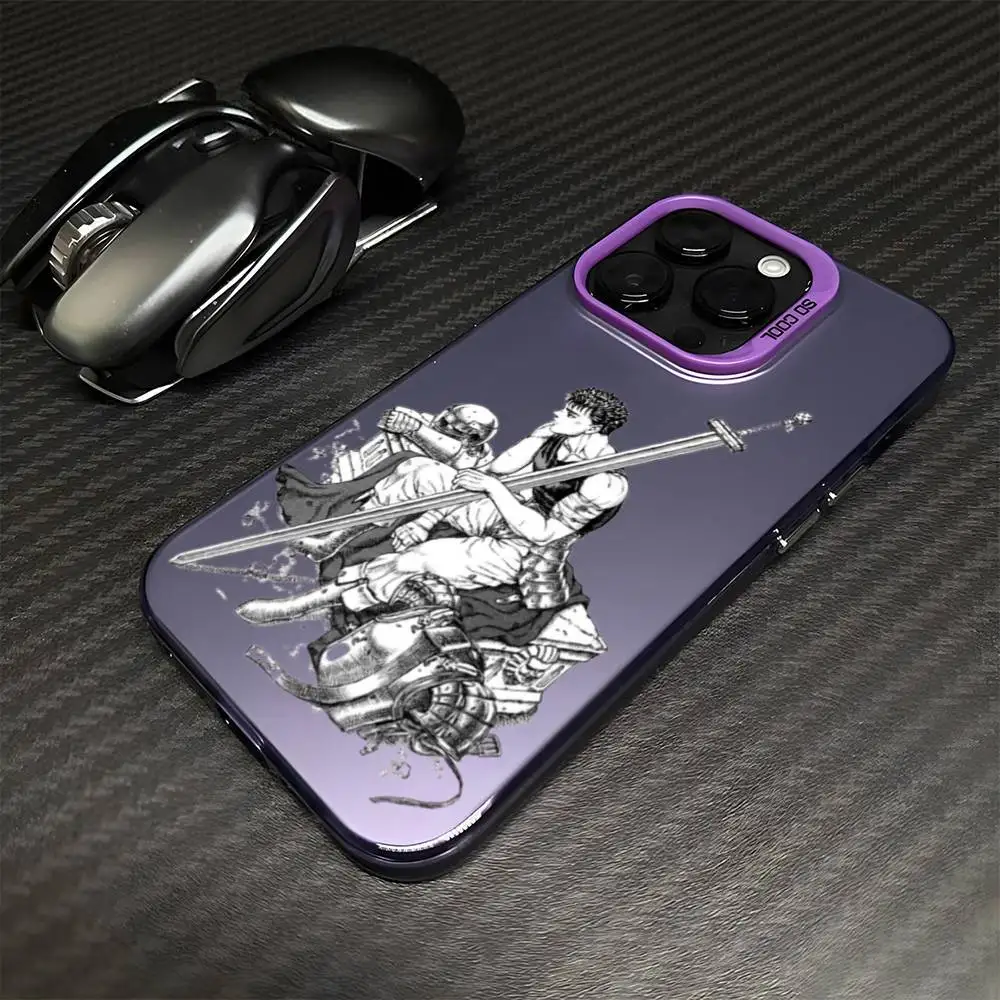 日本アニメ ベルセルク クラシック iPhone17、16、15、14、13、12、11 Plus、Pro Max用 パープル マット 耐衝撃カバー