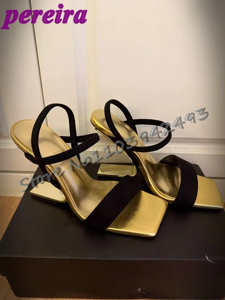 

Metallic Golden Heels Strappy Fretwork Heel Square Toe Heeled Sandals Summer Solid Strange Style Shoes One Strap Shoe Size 41