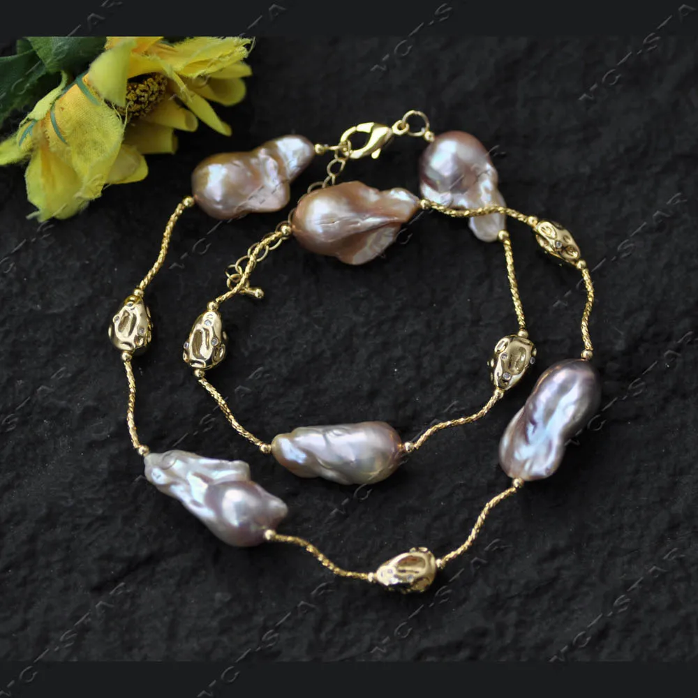 

Z14320 22 "25 мм лавандовое барочное ожерелье Keshi Reborn с жемчугом и золотой фасолью