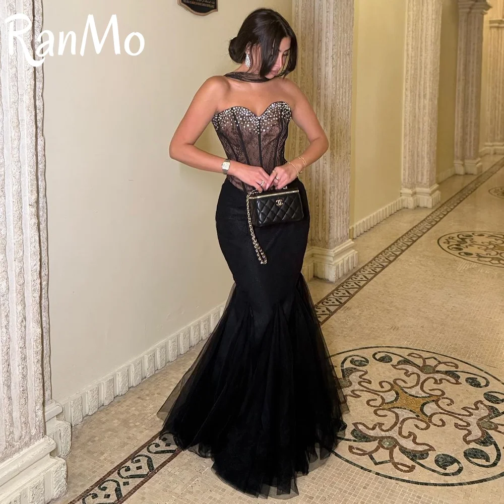 

Ranmo 2025 элегантное винтажное сексуальное черное платье русалки с жемчугом и бусинами, кружевное плиссированное платье по индивидуальному заказу, вечернее платье для выпускного вечера, вечерние платья