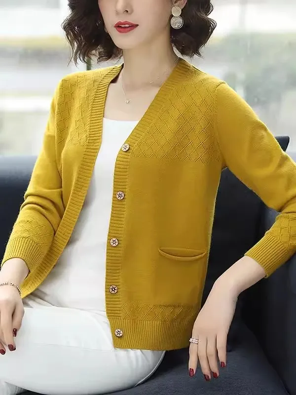 Knitted Short Thin round Neck Open Cardigan Women's Outerwear Spring Autumn Casual Loose Fit Long Sleeve Button up Coat