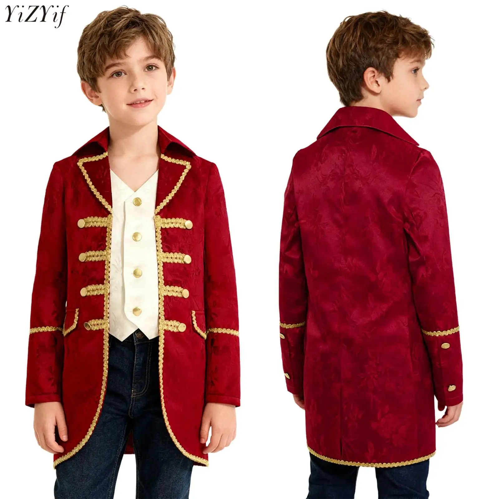 

Boys Medieval Victorian Tailcoat Halloween Steampunk Gothic Uniform Coat Long Sleeves Gold Trimming Fake 2 in 1 Jacket Outwear