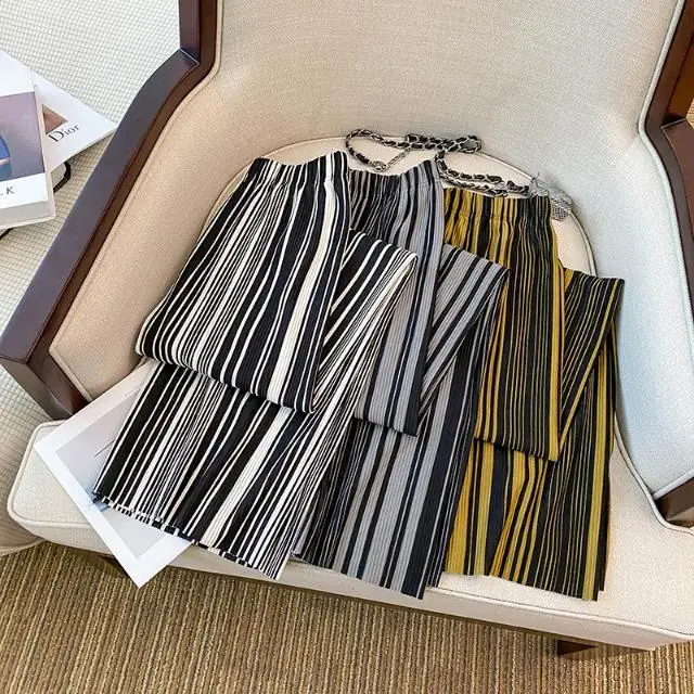 High Waist Straight Leg Casual Pants Women Loose Wide Leg Trousers With Pleated Striped Design